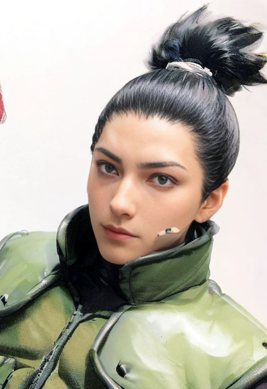 young man, black hair in high pointed ponytail, thin black eyebrows, slanted black eyes, strong jaw, light skin, dark green clothes, Shikamaru Nara, realism, 3d