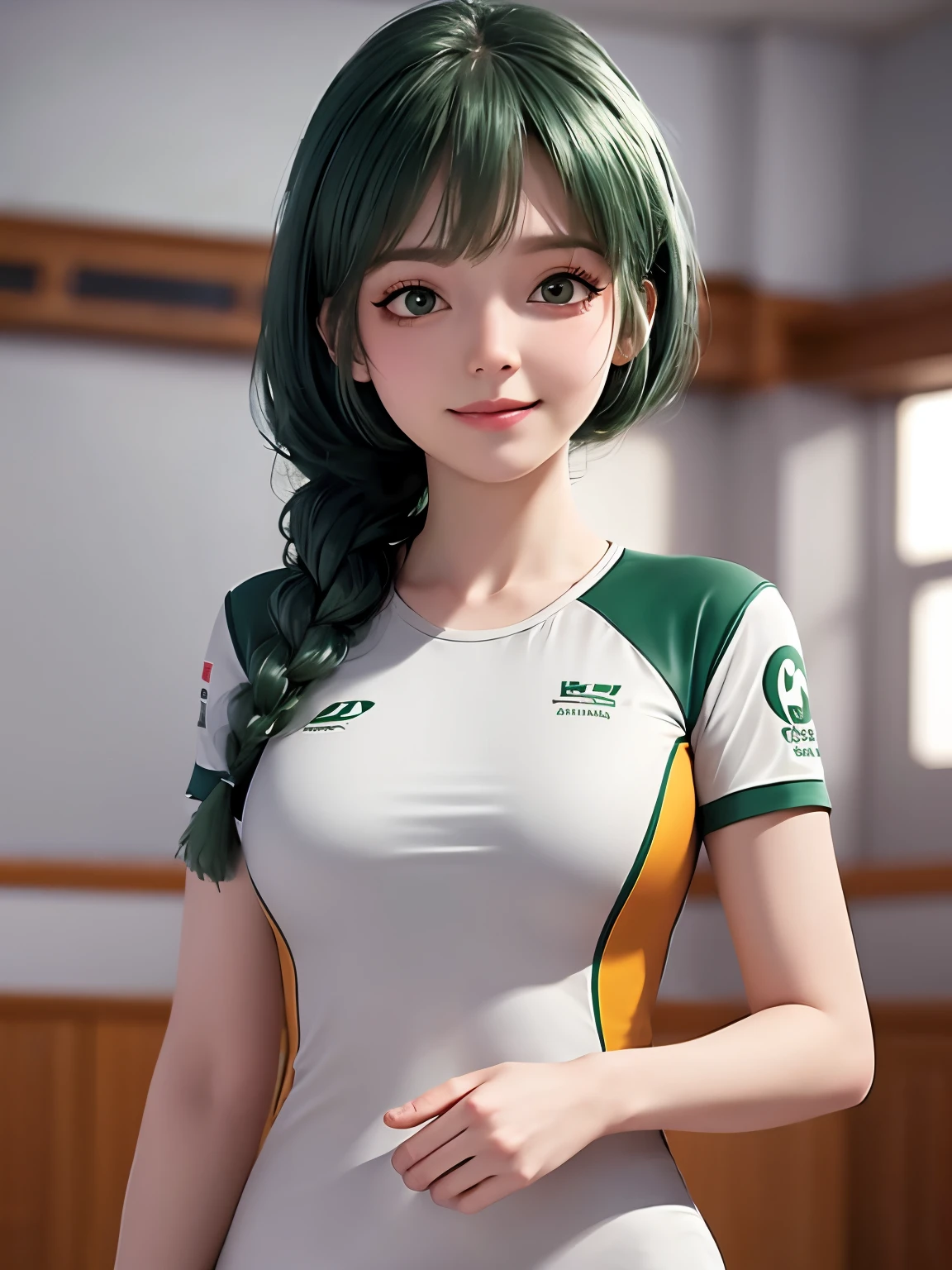 , up do hair- green, no makeup, beautiful white skin,1lady solo, /(volleyball uniform/), bangs, blush light smile, (masterpiece best quality:1.2) delicate illustration ultra-detailed, large breasts BREAK /(volleyball court indoors/)