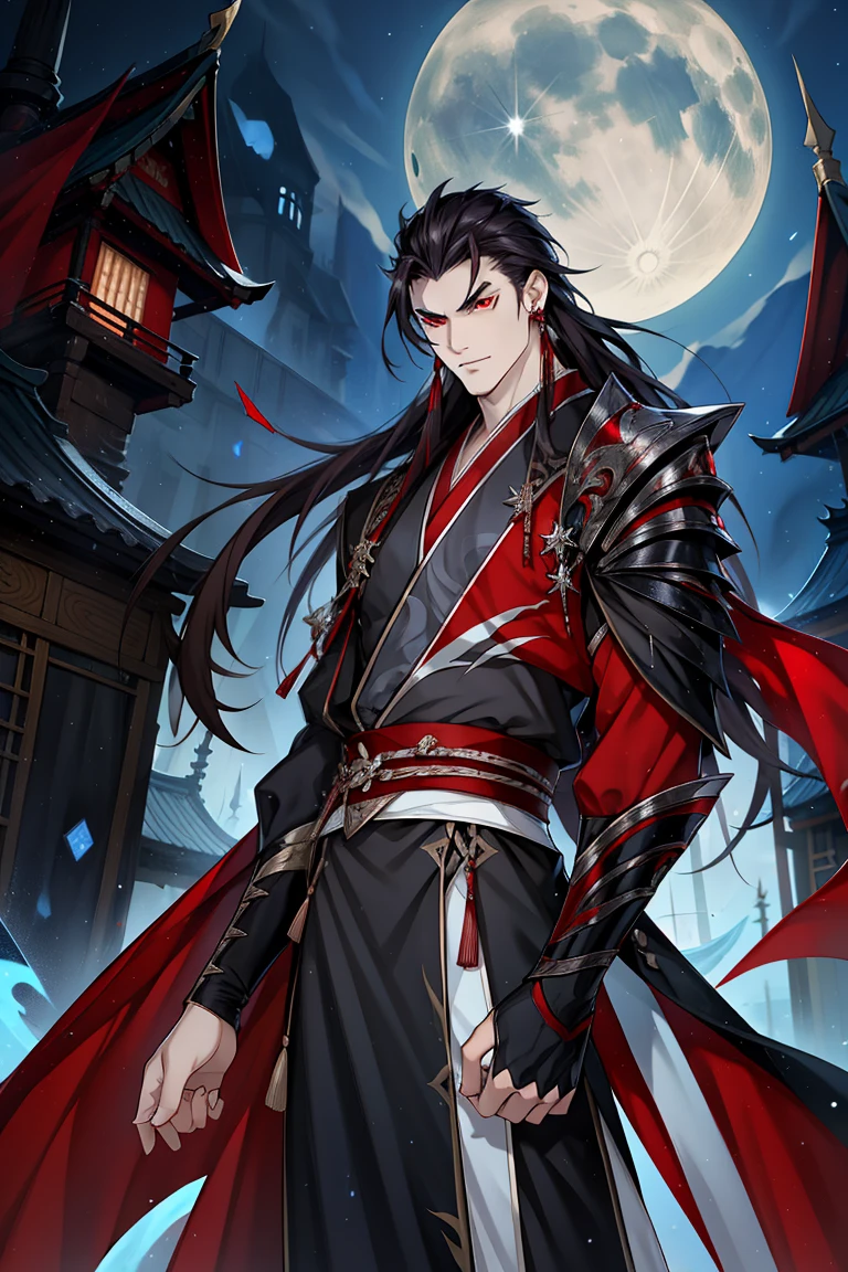 vampire man, Hanfu, long sword, cabelos preto e longos, red eyes，the night，starrysky，rays of moonlight，Asian architecture，Best quality at best，16k,tmasterpiece，