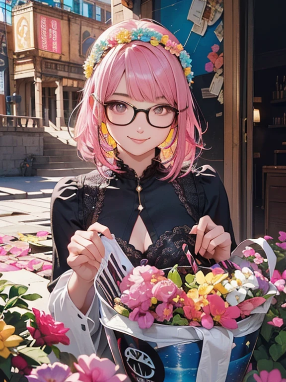 ((flowercrown),((Congratulations)),Flower bouquet，innocent smiles、eye glass、veranda、ancient city、(1 girl, Solo:1.6),(Cute smile),(Clothes are simple), (Best Impact:1.5), (maximalism:1.7), Vivid contrast, (Realistic), hyperrealistic illustrations, hight resolution, ultra-detailliert, absurderes,(Fractal Art:1.3)、Random hairstyle, pink hair color colorful、FULL BODYSHOT、Retro、Precise focus、randome pose、cinema4d、Drama
