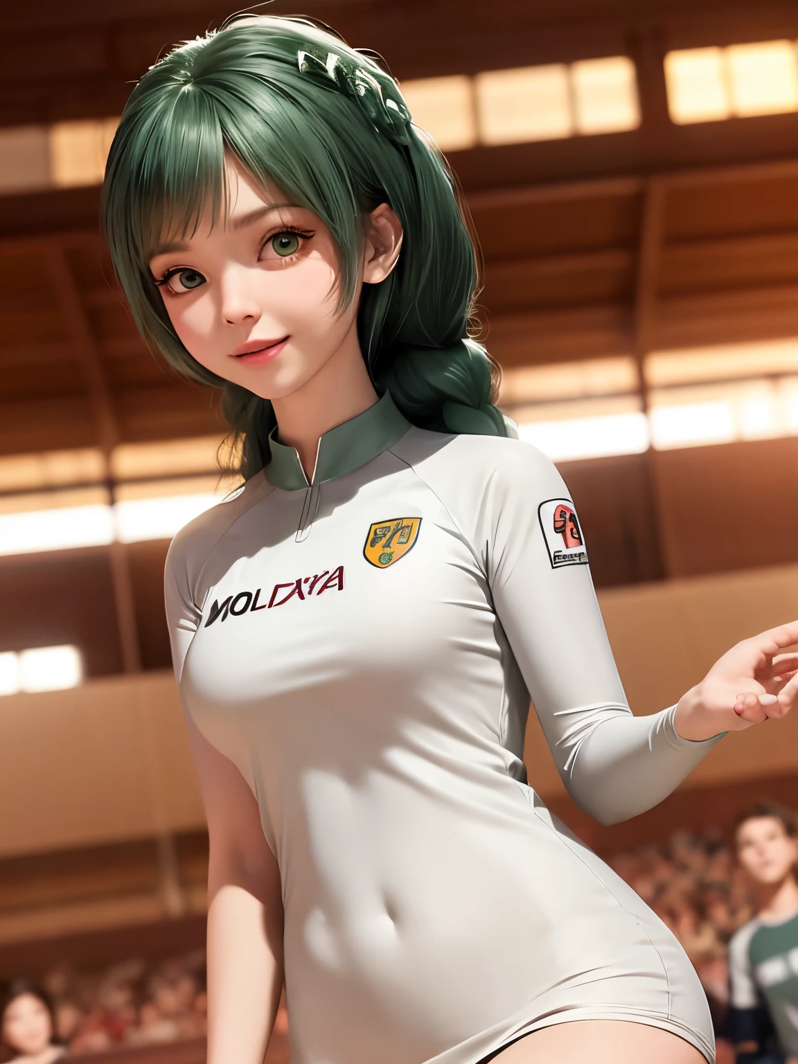 , up do hair- green, no makeup, beautiful white skin,1lady solo, /(volleyball uniform/), bangs, blush light smile, (masterpiece best quality:1.2) delicate illustration ultra-detailed, large breasts BREAK /(volleyball court indoors/)