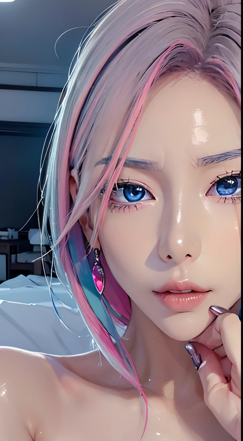 (Cinematic Digital Artwork: 1.3), High quality, masutepiece, of the highest quality, Super Detail, Illustration, [4K Digital Art]、 lndswgnr, (Sharp Focus: 1.5), (Moody lighting:1.2), depth of fields, Bokeh, 4K 、High resolution, ultra-detailliert, the Extremely Detailed CG Unity 8K Wallpapers, Realistic, Photorealsitic, Raw photo, beautifull detailed face, pale skin, realistic glistening skin, Detailed Cloth Texture, detailed hair texture, Perfect body, Beautiful face, acurate, Anatomically correct, Highly detailed face, Eye and skin texture, Natural neck length, (Beautiful eyes), (Beautiful hands), (Glossy skin:1.2), thin legs, Thin feet, Detailed people、A detailed face、细致背景、 

(masutepiece), (((Highest Quality)), (super detailed), 1 girl, (Iridescent hair, Colorful hair, Half blue and half pink hair: 1.2), 20 years old, (: 1.2), Midsummer Night, Bangs, Smile, sky-blue eyes, Perfect hands, Perfect hands, Hand Details, Corrected Fingers. earrings, Night Store + Background, Streets of Kyoto、up looking_で_viewer, Cowboy Shot, of the highest quality, rich detail, Perfect image quality, dark blue gray tone、Night representation、Pinky Pink Lip Stick、eye make up、mascara、eye liner、eye shadow、In the bedroom of the inn、Lie down in a sexy pose、NSFW