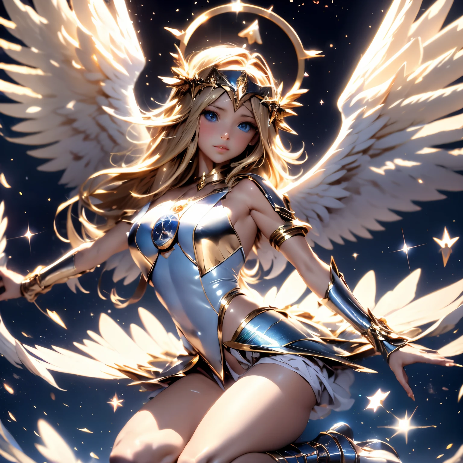 Dark magician girl as an 8-winged angel with a dazzling halo on top of the angel&#39;s head, y el fondo de la imagen es el cielo. dark magician angel. arte celestiales. ultra detallado. photographic quality.