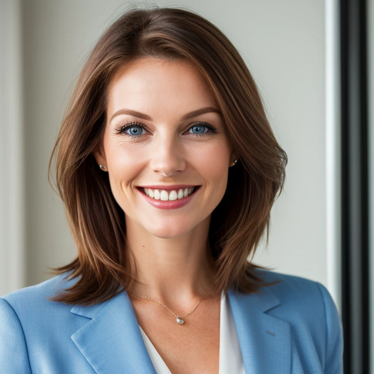 hyperreal, photorealistic, Insurance manager 30-year-old white Caucasian woman called Susan Whitfield with blue suit checking quotes on a screen, Energetic, warm, friendly, satisfaction, cosy, elegant, looking into camera. smiling, beautiful teeth, flirtatious caucasian, perfect skin, prominent cleavage, moderate makeup, 8k professional photo, perfect composition, endless detail, high-resolution photograph using an 85mm lens for a flattering perspective.
