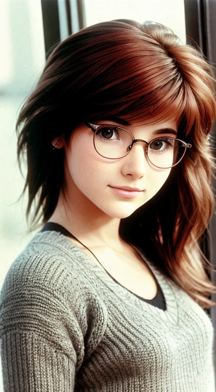 Realistic monochrome photography in 80s style., tmasterpiece, Soviet photography, Film grain, photo paper texture; Sweet beautiful Russian brown eyed virgin 18 years old, beautiful detailed round face, Large shiny realistic dark brown eyes, glasses with lenses, Cute little wide nose, sweet cheerful smile, Parted sensual plump lips, plump cheeks, Round chin, suntanned skin, aesthetic completeness, slightly wavy medium length brown hair with scarlet streaks (80s punk hairstyle), Very small stature, realistic beautiful body, !!!extremely small breasts!!!, aesthetic completeness, beautiful trained body; long wool sweater dress, wool knee socks, fluffy slippers, (full - body, including legs), modest pose standing by the window; Realistic texture of human skin (pores, Mimic folds, wrinkles), Monochrome image