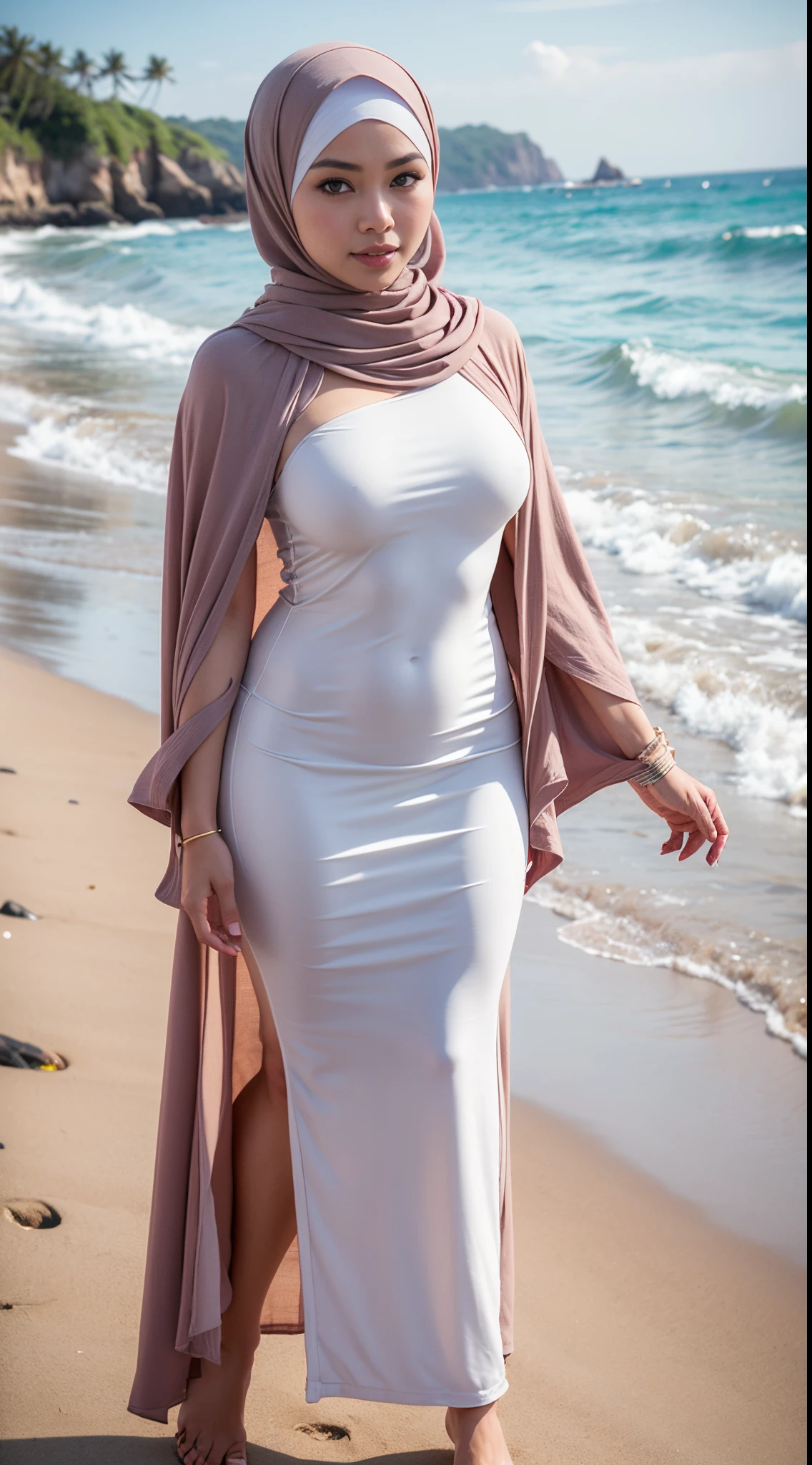 Nahaufnahme einer attraktiven libanesischen Egirl-Frau in langem, elegantem Kleid und Hijab, Kardashian-Gesicht, mit hellbrauner Haut, Of course, kein Make-up, natural imperfections, braune Augen, schwarzes Haar, in the sparkling white luxury beach restaurant, mit anderen Leuten, Posieren, aufgenommen mit einer Canon EOS R-Kamera mit 50 mm f/1.8 Linsen, f/2.2 Blende, Verschlusszeit 1/200er Jahre, ISO 100 and natural light, full entire body, Realistische Fotografie, Hyperdetail, UltraHD, Farbkorrektur, UltraHD, HDR, Farbkorrektur