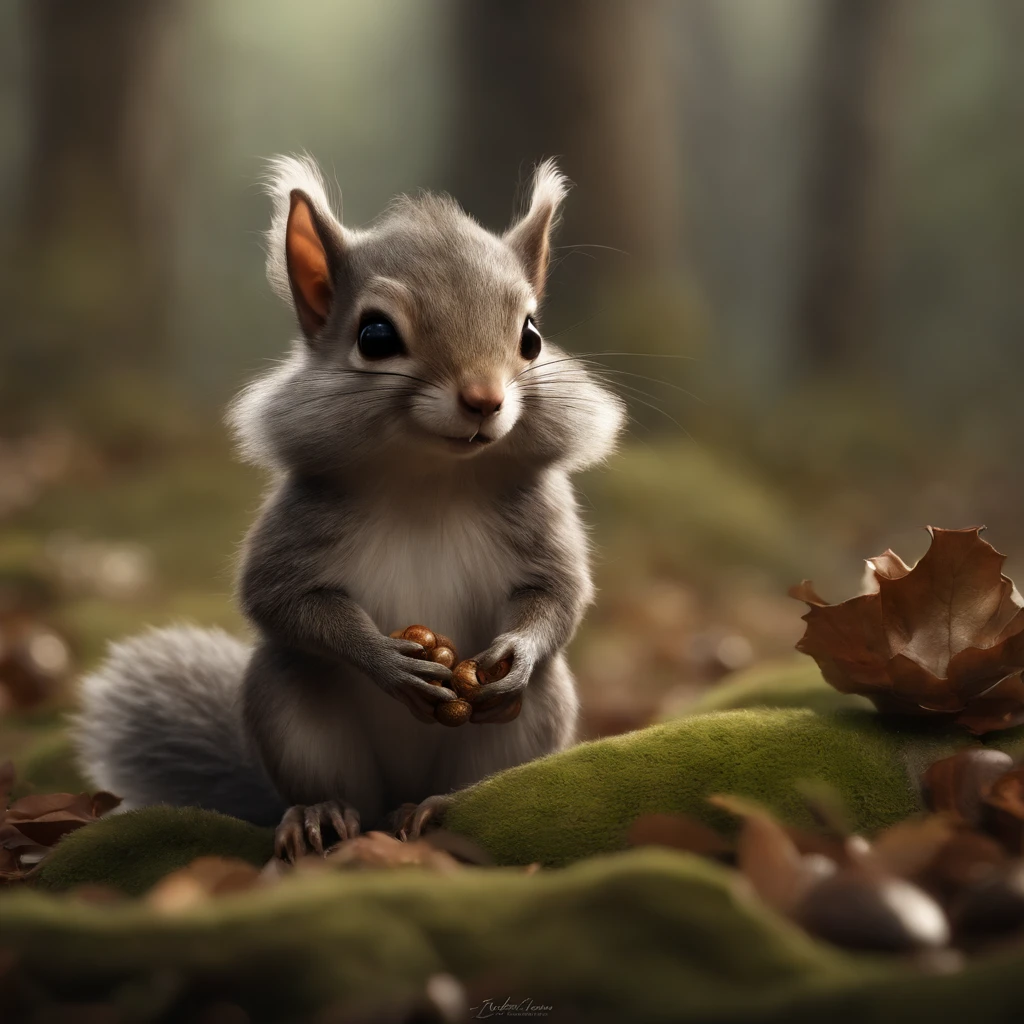 (CBZBB:1.25), ((gremlin),Zhkute, Small, baby, Beautiful, Fantasy art, deviant art, trending artstation, Digital Art, Detailed, Realistic, humanoid, character, tiny, Cinematic shot, cinematic portrait of a squirrel     ,gremlin, squirrel-like, bright silver and sob, long tail, Large tasseled ears, covered with silver fur, water, stands on the shore, Best Quality, Masterpiece, in style of dark fantasy art, gremlin, squirrel-like, bright silver and brown, long tail, double nose, huge ears with tassels, covered with silver fur, wearing a brown vest, tousled, five toes on each paw, holding a huge acorn in his paws, I&#39;m standing in a forest clearing under the foliage of bast., acorns lie in the clearing, acorns glow, Crickets fly, Best Quality, Masterpiece, in style of dark fantasy art, fantasy-inspired, in the style of John Tolkien,