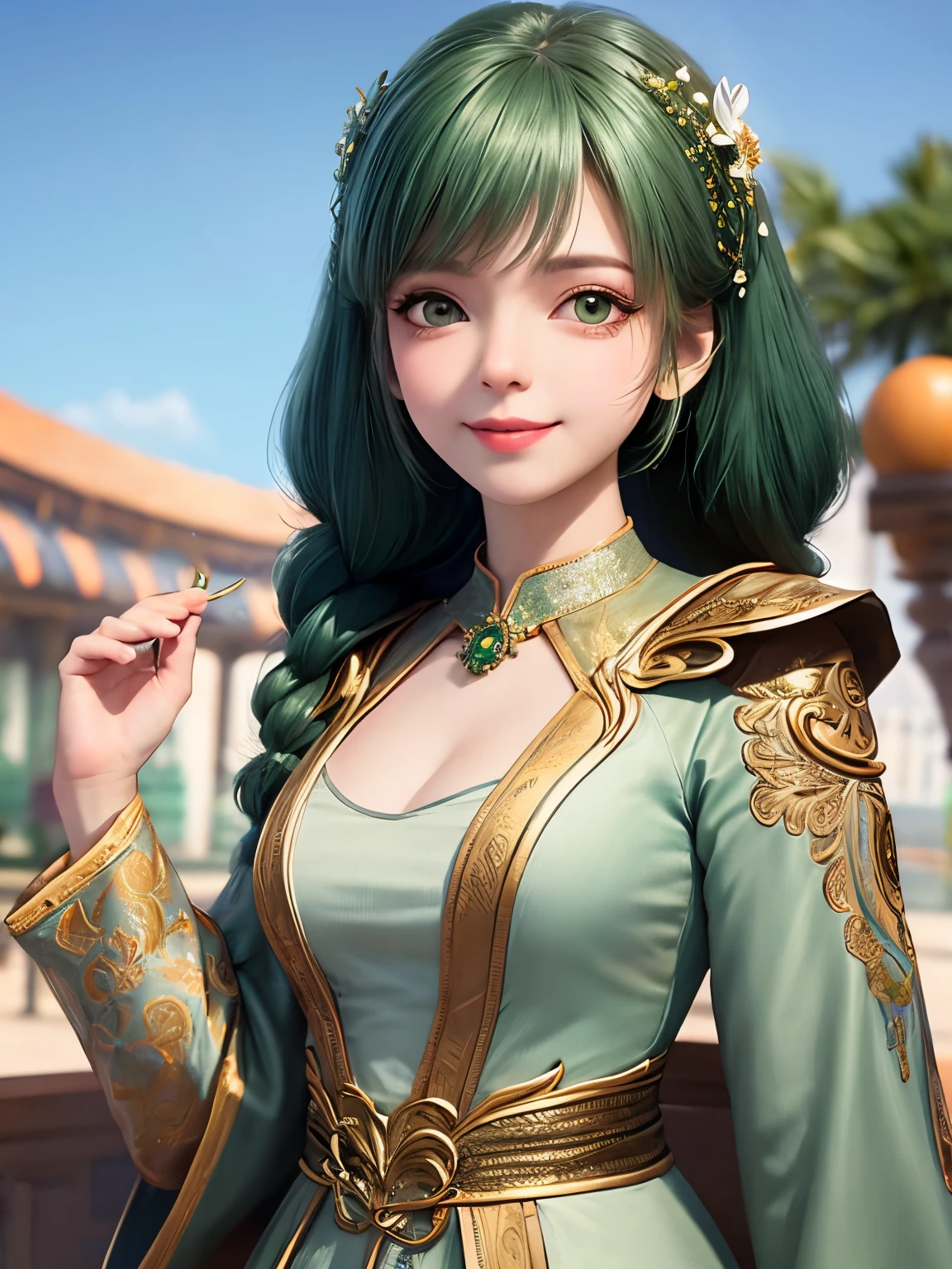 , up do hair- green, no makeup, beautiful white skin,1lady solo, /(stylish outfit/),  bangs, blush kind smile, (eyes sparkling with excitement), (masterpiece best quality:1.2) delicate illustration ultra-detailed, large breasts BREAK (holding colorful balloon) BREAK (theme park:1.1) outdoors, giant Ferris wheel