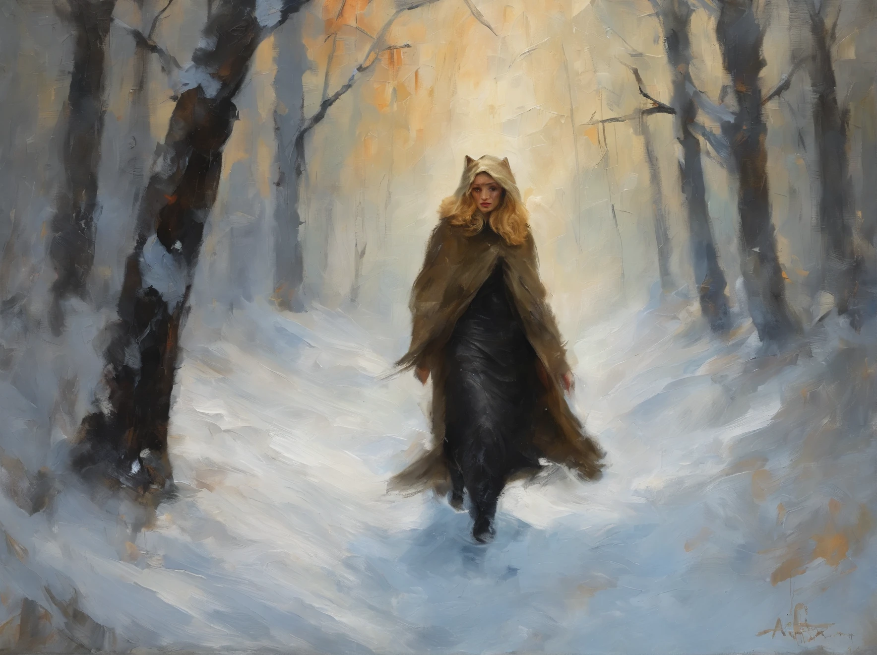 Classic horror painting. Blonde woman with angular face and piercing blue eyes, wearing a hooded parka, running toward the viewer through a snow storm in a birch forest. BREAK. One monstrous shaggy black cat with burning eyes pursues her.