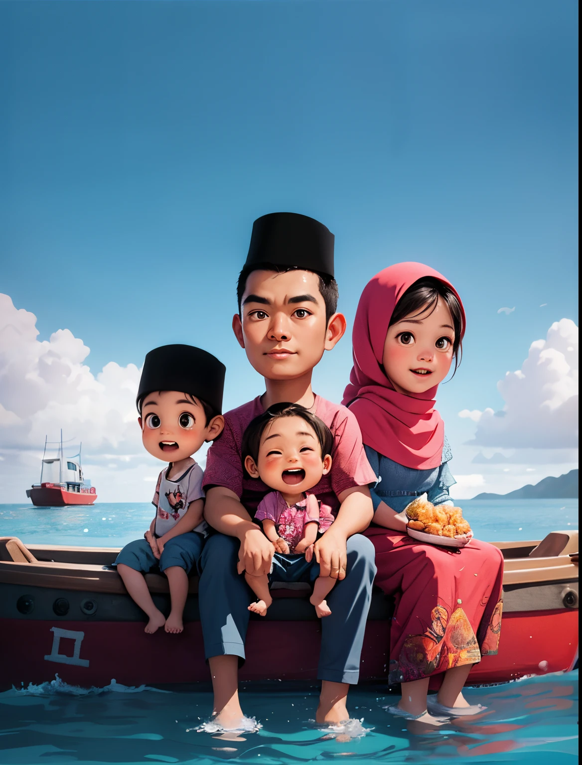 cartoon of a family sitting on a boat in the water, an indonesian family portrait, happy family, full protrait, potrait, family portrait, portrait shot, family, detailed portrait, inspired by Rudy Siswanto, protrait, inspired by JoWOnder, official illustration, in cartoon style, realism art, realistic portrait photo, wideangle portrait, 1 / 4 portrait
