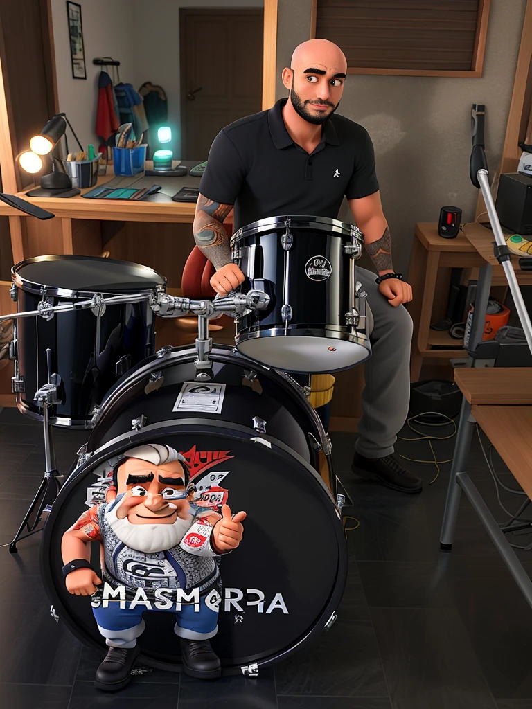 Homem bonito tocando bateria,barbudo e careca, sem tatuagem e na bateria escrito masmorra