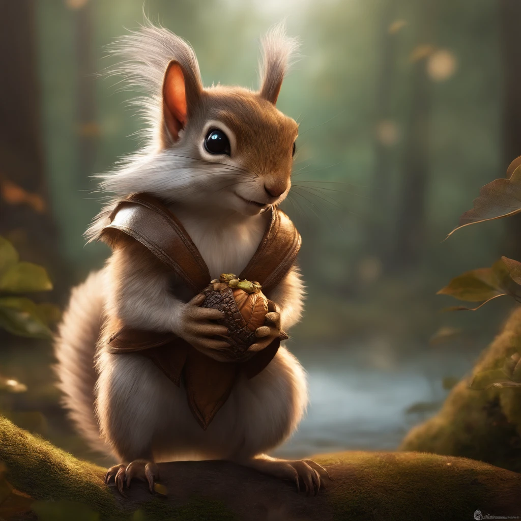 (CBZBB:1.25), ((gremlin),Zhkute, , Beautiful, Fantasy art, deviant art, trending artstation, Digital Art, Detailed, Realistic, humanoid, character, tiny, Cinematic shot, cinematic portrait of a cartoon squirrel  ,gremlin, squirrel-like, bright silver and sob, long tail, Large tasseled ears, covered with silver fur, water, stands on the shore, Best Quality, Masterpiece, in style of dark fantasy art, gremlin, squirrel-like, bright silver and brown, long tail, double nose, huge ears with tassels, covered with silver fur, wear a brown vest, tousled, five toes on each paw, holding a huge acorn in his paws, I&#39;m standing in a forest clearing under the foliage of bast., acorns lie in the clearing, acorns glow, Crickets fly, Best Quality, Masterpiece, in style of dark fantasy art, fantasy-inspired, in the style of John Tolkien,