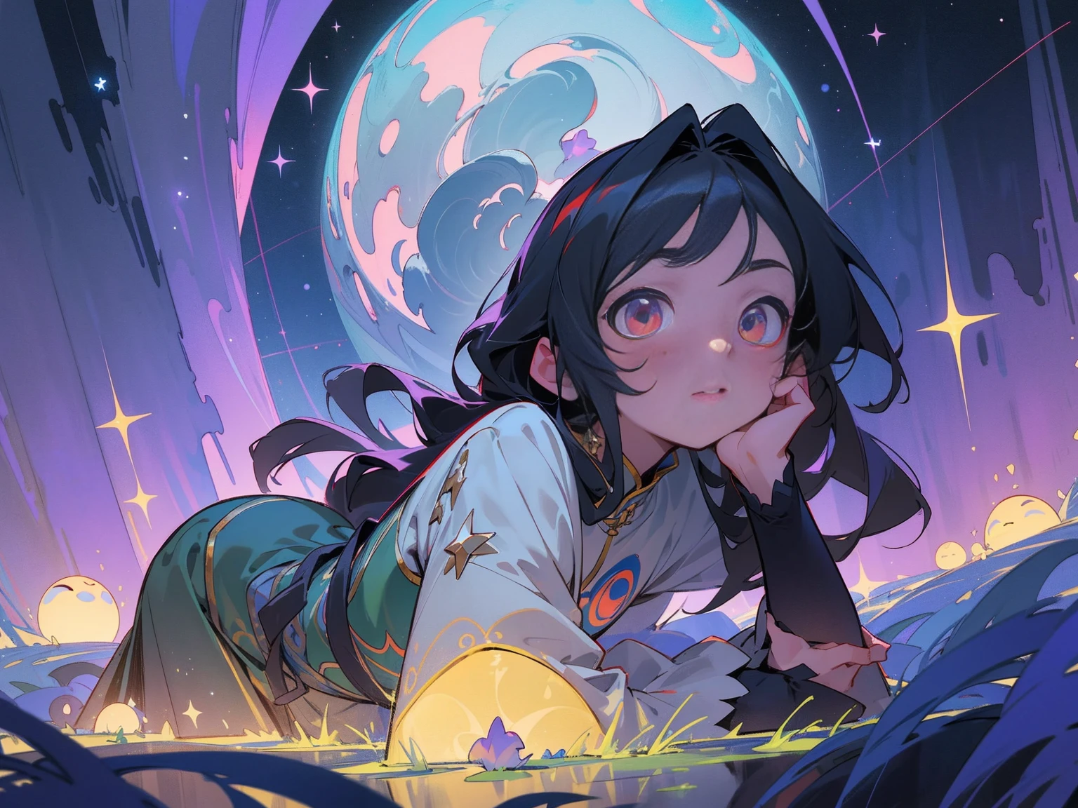 tmasterpiece,Best quality at best,highly details, Ultra-detailed 8K, 超高分辨率,kosmos,starlights,Huge algae,starrysky,black hole,Bask in starlight,perfect compositions,red color eyes,Black and blue-violet,Faraway view