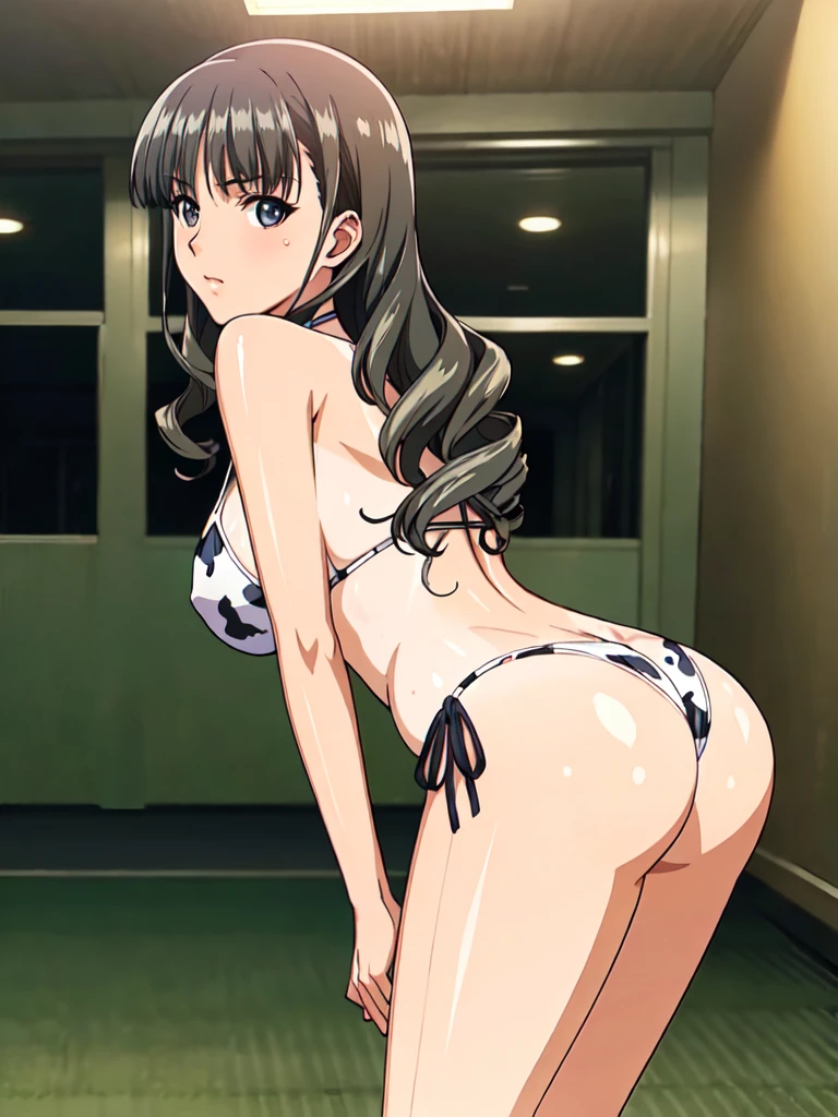 (masterpiece, best quality, high resolution), 1girl, (Curly Frizzy Hair, gray hair, white eyes), solo, ass, from behind, bent over, ((cow print bikini, bikini, shiny skin, anime)), presenting, standing, bad-girl, ((mature female)), beautiful body, Beautiful Nose, Beautiful character design, perfect eyes, perfect face, alluring, wallpaper, perfect lighting, Colorful, ultra highres, photography, 8K, HDR