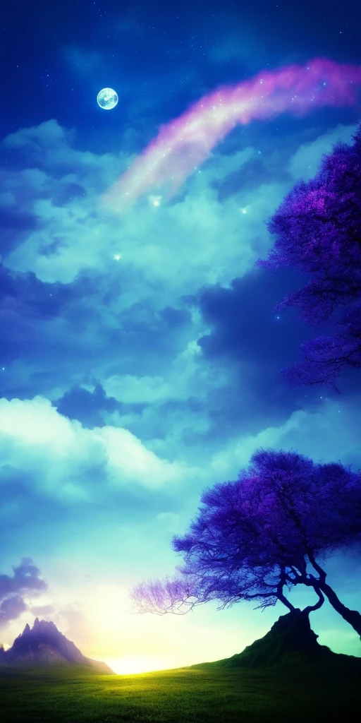 Atemberaubendene Fantasylandschaft,beautiful,farbenfroh,magisch,hochdetailiert,drache fliegt durch die luft,kreaturen,beautiful sky,sterne,sternnebel,fremder mond