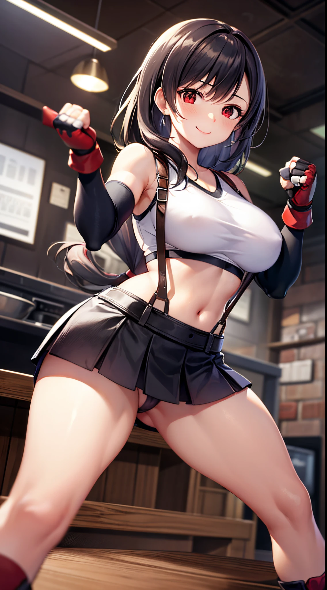 best quality, ultra-detailed, high resolution, extremely detailed CG, unity 8k wallpaper, super detailed skin, detailed, dynamic lighting, beautiful detailed eyes, defTifa, white crop top, elbow pad, fingerless gloves, suspenders, very short pleated miniskirt, red boots, bar counter, showing panties, dynamic pose, red eyes, serious, smile, fighting stance, sparring,