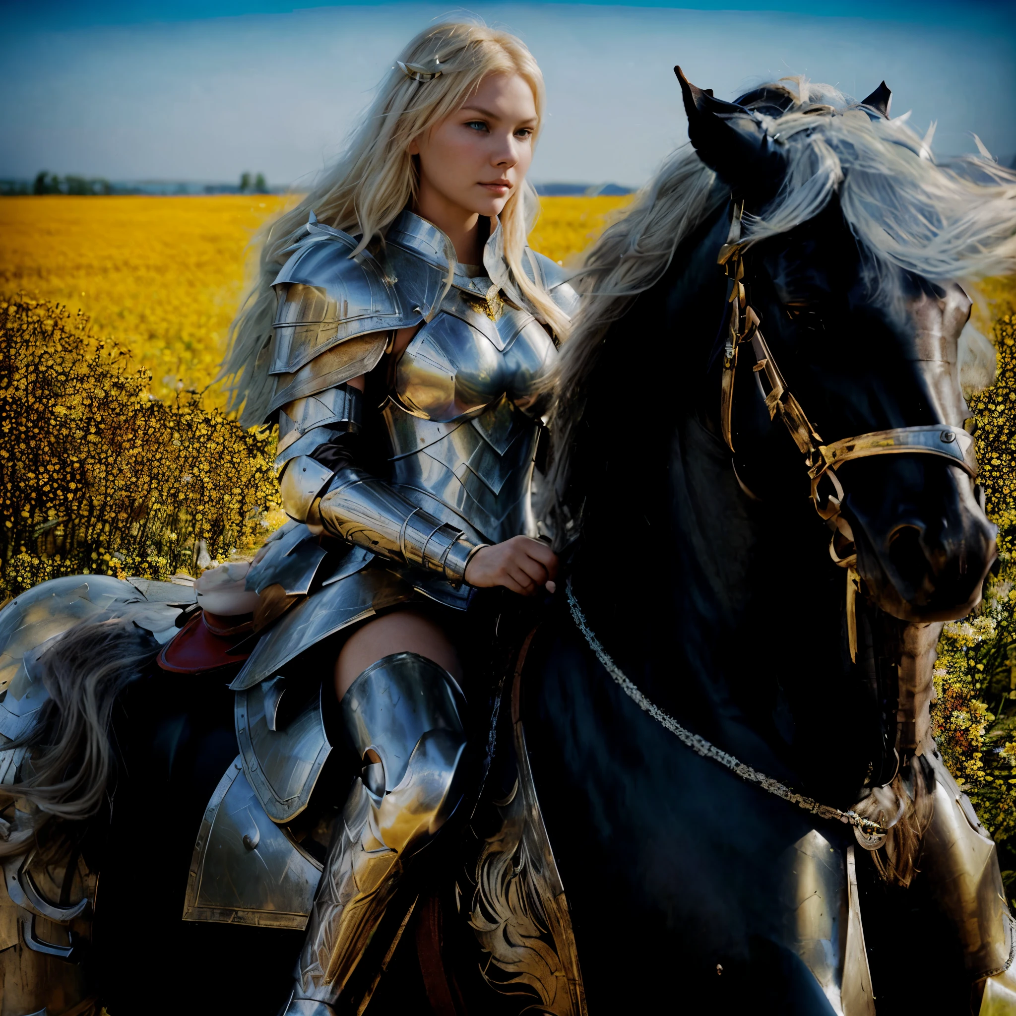 blond woman in armor riding a horse in a field of flowers, elisha cuthbert as a paladin, elisha cuthbert as a d&d paladin, of a beautiful female knight, dove cameron in a knight armor, beautiful female knight, girl in knight armor, as a medieval fantasy character, still from a fantasy movie, fantasy paladin woman