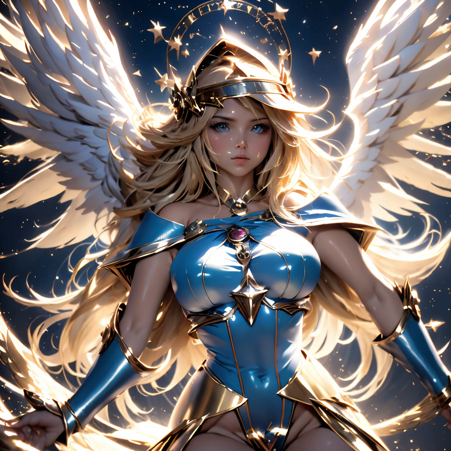 Dark magician girl as an 8-winged angel with a dazzling halo on top of the angel's head, y el fondo de la imagen es el cielo. dark magician angel. arte celestiales. ultra detallado. photographic quality.