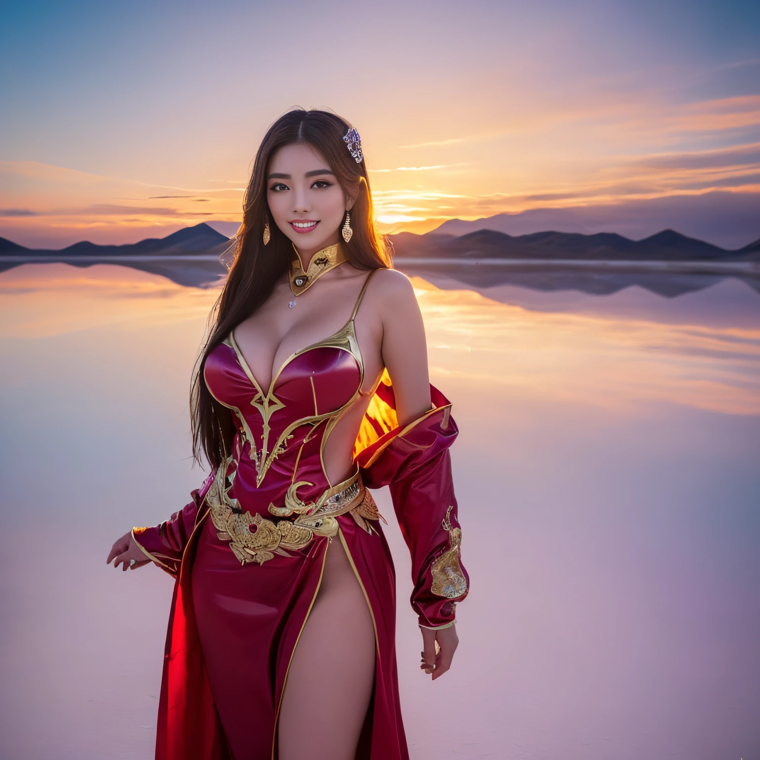 ((top-quality、masutepiece、8K、Top image quality、SFW、a high chroma))、(Photos of the most gorgeous Chinese princesses:1.5)、((((The most gorgeous Chinese princess huge costume、The most extravagant giant costume、A very large and complicated prostitute costume、Long and big high-end costume、the most vivid and luxurious costumes、big long costume、Incredibly luxurious and huge princess costume、the most extravagant princess costumes))))、Perfect makeup、long eyelashes、lipsticks、Pink eyeshadows))、(The sky is reflected on the clear water surface:1.5)、(Clear, Perfect, shiny water surface:1.5)、((Beautiful sky、Sunset sky、Beautiful sunset、Fantastic sunset、spectacular movie lighting、Beautiful woman standing above the sky and Salar de Uyuni、perfect salt flats of uyuni、Perfect authentic Uyuni salt flats))、(cowboy  shot、the best smile when you look at me、large full breasts、perfect anatomia