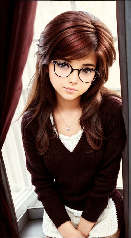 Realistic monochrome photography in 80s style..., tmasterpiece, Soviet photography, Film grain, photo paper texture; Sweet beautiful Russian brown eyed virgin 30 years old, beautiful detailed round face, Large shiny realistic dark brown eyes, glasses with lenses, Cute little wide nose, sweet cheerful smile, Parted sensual plump lips, plump cheeks, Round chin, suntanned skin, aesthetic completeness, slightly wavy medium length brown hair with scarlet streaks (80s punk hairstyle), Very small stature, realistic beautiful body, !!!extremely small breasts!!!, aesthetic completeness, beautiful trained body; long wool sweater dress, wool knee socks, fluffy slippers, (full - body, including legs), modest pose standing by the window; Realistic texture of human skin (pores, Mimic folds, wrinkles), Monochrome image
