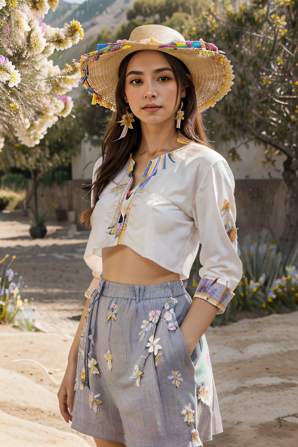 lienzo de mujer con sombrero de paja,ramo de flores de colores fuertes y llamativos con petalos grandes y tallos largos apretado a su cintura con las dos manos por delante,camisa ultra blanca de encaje y bordados y falda larga hasta los pies beig clara, con detalles en los bajos de dos lineas doradas en todo alrededor,obra maestra:1.8,alta calidad,8k,sony alpha 7,(((imagen bucolica,(((en un prado de flores de multiples colores ))),luz tenue de estudio)))la vista es de frente y la mujer mira a un lado con desden,estilo sorolla,oleo pintado a mano