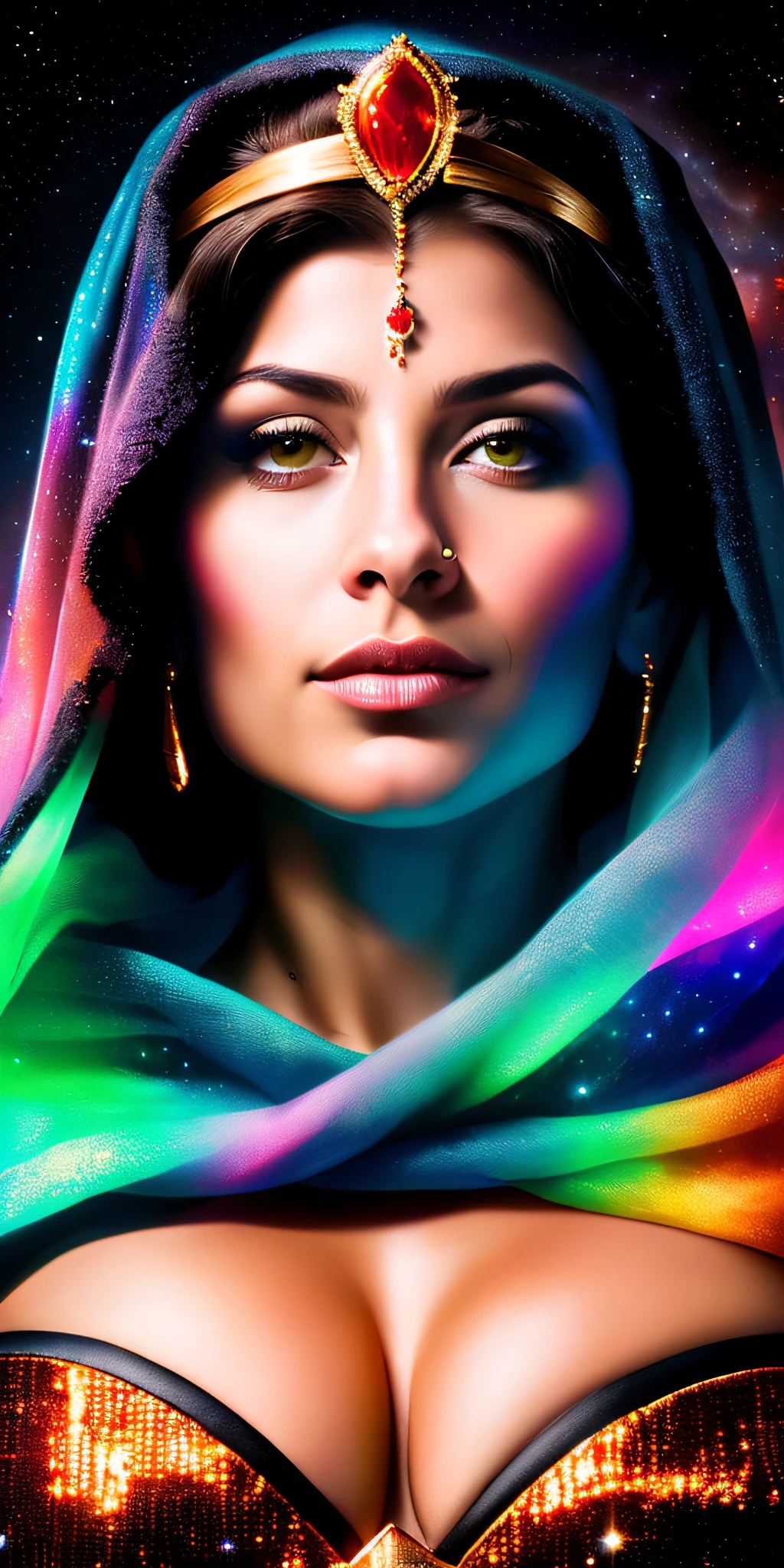 (RAW Photo, best quality), (Hyper Realistic),16k,(realistic, photo-realistic:1.5), extremely detailed, amazing, fine detail, absurdres, Masterpiece,ultra high res, Stunning, (Camera_View_from_Below), ((Beautiful_Mommy_Brazilian_Women_Goddess_Of_Multiverse), Athletic_Body_ABS, (Suntan_Dark_Skin), (fleshy luscious lips), (Imposing Pose in Space Galaxy), (Gorgeous_Long_Blonde_Hair), (wearing_Egyptian_Jewels_Cut_Armor-Suit_with_Long_Bracelets_with_lower_Face_Veil_and_Sphinx-Tiara_and_Cloak_with_Intricate_Floid_Isometric_Galaxy_Multiverse_Bioluminescence_Effects), ((high detailed Skin:1.1), (Cleft_Chin), beautiful detailed eyes, naughty face, looking at viewer), volumetric lighting, (Film grain, Fujifilm XT3, 8k uhd, dslr, Lens), (maximalist photo 8k resolution, intricately detailed, complex, elegant, expansive, fantastica), high quality, hollywood lips, wide jaw line, wide lips, narrow beautiful nose, Cinematic, Hyper-detailed, insane details, Cinematic, Hyper-detailed, insane details, Beautifully color graded, lifelike texture dramatic lighting