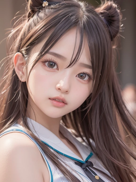tmasterpiece，top-quality，offcial art，Highly detailed CG Unity 8K wallpapers，like a college girl，20 years girl，Very delicate beautiful，超A high resolution，（realisticlying：1.4），Golden Hour Lighting，（The upper part of the body），（Platinum Long Hair：0.8），（Puffy eyes），looking at viewert，facing front，ssmile，JK Skirt，校服，（chiayi：1.5）， tmasterpiece， best qualtiy， RAW photogr， realisticlying， faces， incredibly absurd res， Buatigarh， depth of fields， hight resolution， ultra - detailed， finedetail， Very detailed， extremely detailed eye and face， Sharp pupils， pupil realistic， tack sharp focus， cinmatic lighting