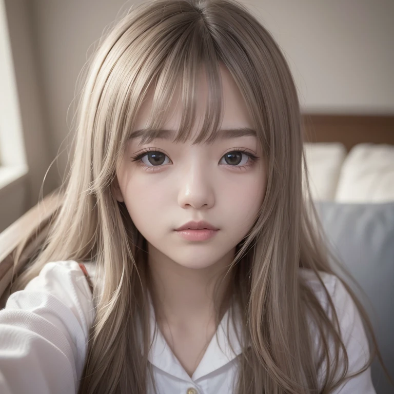 tmasterpiece,top-quality,offcial art,Highly detailed CG Unity 8K wallpapers,like a college girl,20 years girl,Very delicate beautiful,超A high resolution,(realisticlying:1.4),Golden Hour Lighting,(The upper part of the body),(Platinum Long Hair:0.8),(Puffy eyes),looking at viewert,facing front,ssmile,Everyday clothes,(chiayi:1.5), tmasterpiece, best qualtiy, RAW photogr, realisticlying, faces, incredibly absurd res, Buatigarh, depth of fields, hight resolution, ultra - detailed, finedetail, Very detailed, extremely detailed eye and face, Sharp pupils, pupil realistic, tack sharp focus, cinmatic lighting、laying on a couch