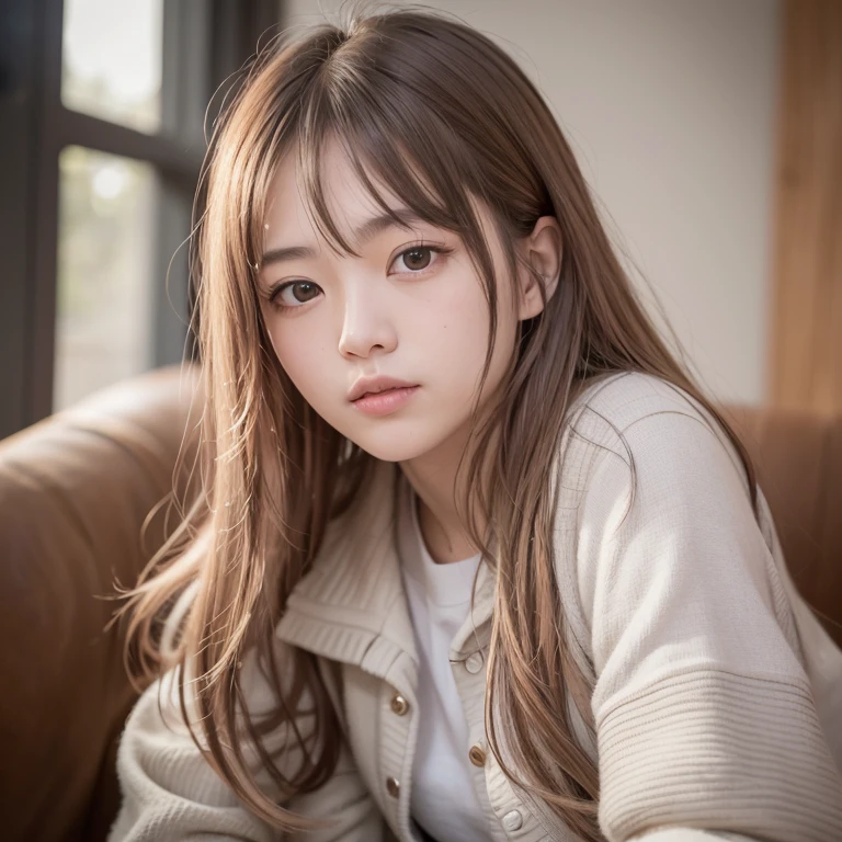 tmasterpiece,top-quality,offcial art,Highly detailed CG Unity 8K wallpapers,like a college girl,20 years girl,Very delicate beautiful,超A high resolution,(realisticlying:1.4),Golden Hour Lighting,(The upper part of the body),(Platinum Long Hair:0.8),(Puffy eyes),looking at viewert,facing front,ssmile,Everyday clothes,(chiayi:1.5), tmasterpiece, best qualtiy, RAW photogr, realisticlying, faces, incredibly absurd res, Buatigarh, depth of fields, hight resolution, ultra - detailed, finedetail, Very detailed, extremely detailed eye and face, Sharp pupils, pupil realistic, tack sharp focus, cinmatic lighting、laying on a couch