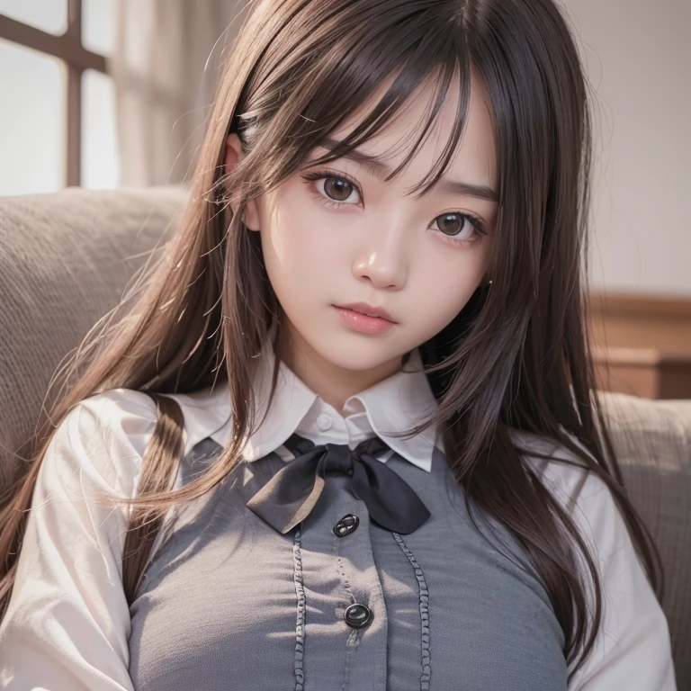 tmasterpiece，top-quality，offcial art，Highly detailed CG Unity 8K wallpapers，like a college girl，20 years girl，Very delicate beautiful，超A high resolution，（realisticlying：1.4），Golden Hour Lighting，（The upper part of the body），（Platinum Long Hair：0.8），（Puffy eyes），looking at viewert，facing front，ssmile，Everyday clothes，（chiayi：1.5）， tmasterpiece， best qualtiy， RAW photogr， realisticlying， faces， incredibly absurd res， Buatigarh， depth of fields， hight resolution， ultra - detailed， finedetail， Very detailed， extremely detailed eye and face， Sharp pupils， pupil realistic， tack sharp focus， cinmatic lighting、laying on a couch、A dark-haired