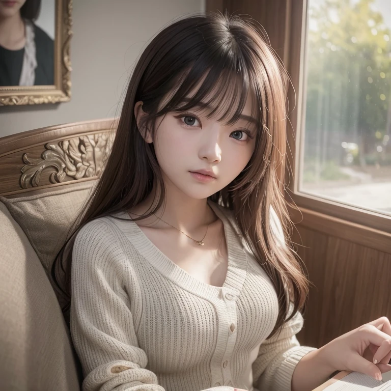 tmasterpiece,top-quality,offcial art,Highly detailed CG Unity 8K wallpapers,like a college girl,20 years girl,Very delicate beautiful,超A high resolution,(realisticlying:1.4),Golden Hour Lighting,(The upper part of the body),(Platinum Long Hair:0.8),(Puffy eyes),looking at viewert,facing front,ssmile,Everyday clothes,(chiayi:1.5), tmasterpiece, best qualtiy, RAW photogr, realisticlying, faces, incredibly absurd res, Buatigarh, depth of fields, hight resolution, ultra - detailed, finedetail, Very detailed, extremely detailed eye and face, Sharp pupils, pupil realistic, tack sharp focus, cinmatic lighting、laying on a couch、A dark-haired