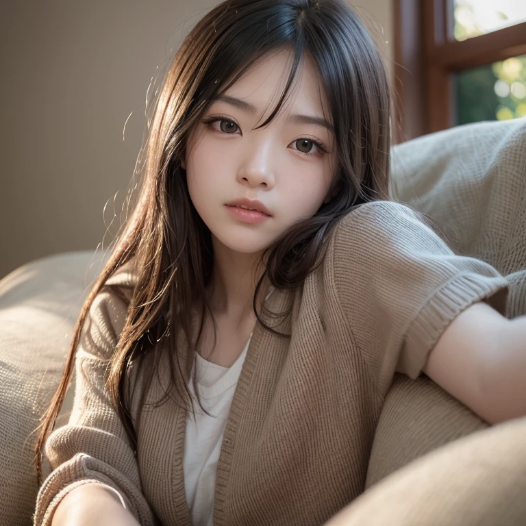 tmasterpiece,top-quality,offcial art,Highly detailed CG Unity 8K wallpapers,like a college girl,20 years girl,Very delicate beautiful,超A high resolution,(realisticlying:1.4),1 hour of writing,(The upper part of the body),(Platinum Long Hair:0.8),(Puffy eyes),looking at viewert,facing front,ssmile,Everyday clothes,(chiayi:1.5), tmasterpiece, best qualtiy, RAW photogr, realisticlying, faces, incredibly absurd res, Buatigarh, depth of fields, hight resolution, ultra - detailed, finedetail, Very detailed, extremely detailed eye and face, Sharp pupils, pupil realistic, tack sharp focus, cinmatic lighting、laying on a couch、A dark-haired、 genitals