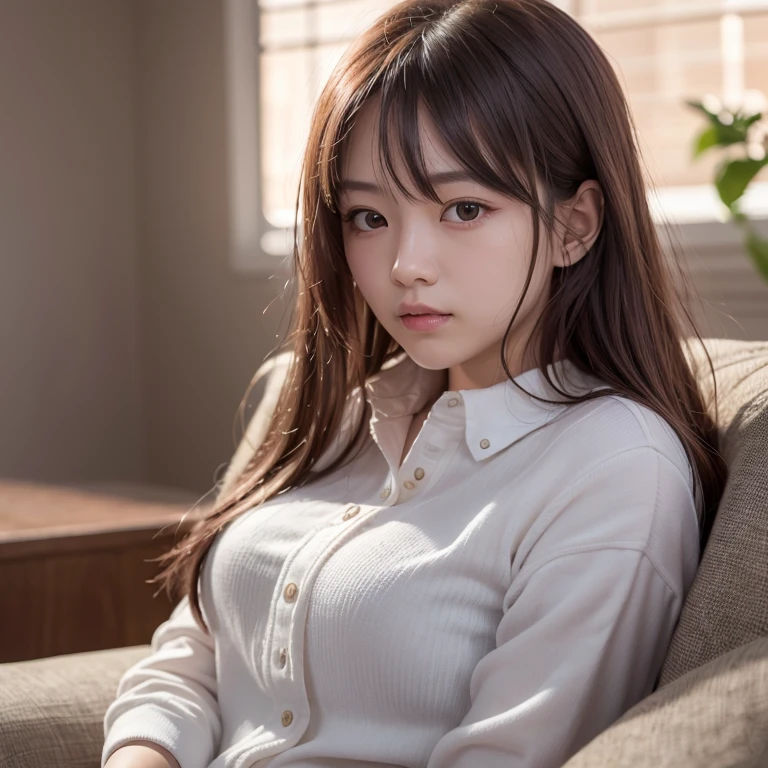 tmasterpiece,top-quality,offcial art,Highly detailed CG Unity 8K wallpapers,like a college girl,20 years girl,Very delicate beautiful,超A high resolution,(realisticlying:1.4),Golden Hour Lighting,(The upper part of the body),(Platinum Long Hair:0.8),(Puffy eyes),looking at viewert,facing front,ssmile,Everyday clothes,(chiayi:1.5), tmasterpiece, best qualtiy, RAW photogr, realisticlying, faces, incredibly absurd res, Buatigarh, depth of fields, hight resolution, ultra - detailed, finedetail, Very detailed, extremely detailed eye and face, Sharp pupils, pupil realistic, tack sharp focus, cinmatic lighting、laying on a couch、A dark-haired
