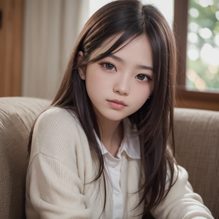 tmasterpiece，top-quality，offcial art，Highly detailed CG Unity 8K wallpapers，like a college girl，20 years girl，Very delicate beautiful，超A high resolution，（realisticlying：1.4），1 hour of writing，（The upper part of the body），（Platinum Long Hair：0.8），（Puffy eyes），looking at viewert，facing front，ssmile，Everyday clothes，（chiayi：1.5）， tmasterpiece， best qualtiy， RAW photogr， realisticlying， faces， incredibly absurd res， Buatigarh， depth of fields， hight resolution， ultra - detailed， finedetail， Very detailed， extremely detailed eye and face， Sharp pupils， pupil realistic， tack sharp focus， cinmatic lighting、laying on a couch、A dark-haired