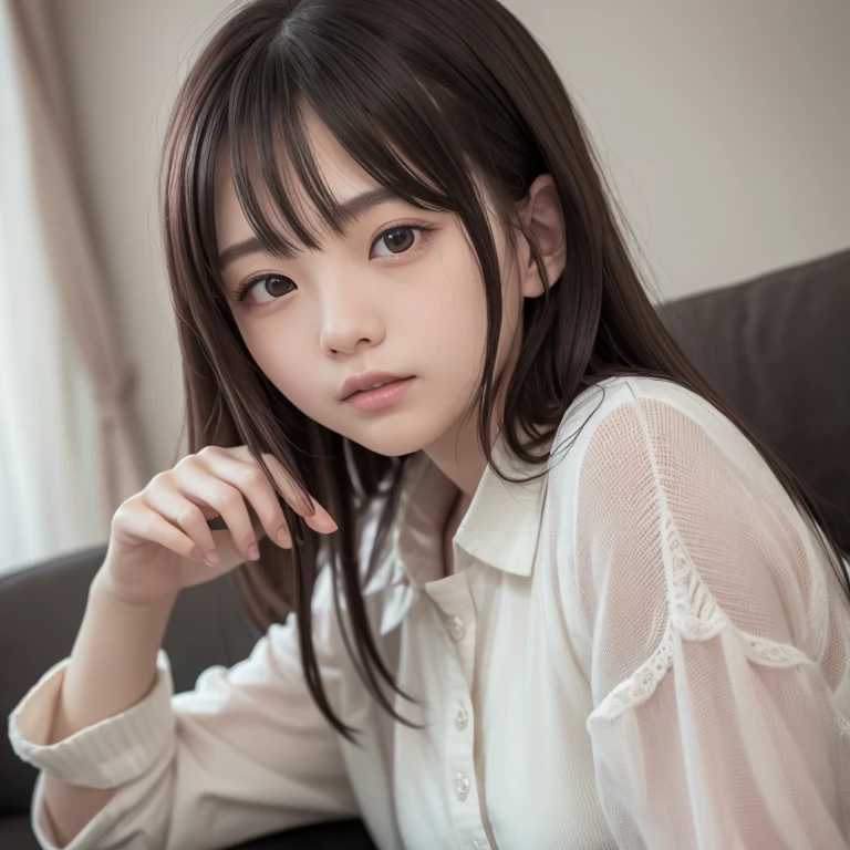 tmasterpiece,top-quality,offcial art,Highly detailed CG Unity 8K wallpapers,like a college girl,20 years girl,Very delicate beautiful,超A high resolution,(realisticlying:1.4),1 hour of writing,(The upper part of the body),(Platinum Long Hair:0.8),(Puffy eyes),looking at viewert,facing front,ssmile,Everyday clothes,(chiayi:1.5), tmasterpiece, best qualtiy, RAW photogr, realisticlying, faces, incredibly absurd res, Buatigarh, depth of fields, hight resolution, ultra - detailed, finedetail, Very detailed, extremely detailed eye and face, Sharp pupils, pupil realistic, tack sharp focus, cinmatic lighting、laying on a couch、A dark-haired