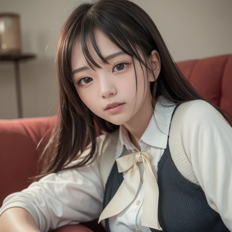 tmasterpiece,top-quality,offcial art,Highly detailed CG Unity 8K wallpapers,like a college girl,20 years girl,Very delicate beautiful,超A high resolution,(realisticlying:1.4),1 hour of writing,(The upper part of the body),(Platinum Long Hair:0.8),(Puffy eyes),looking at viewert,facing front,ssmile,Everyday clothes,(chiayi:1.5), tmasterpiece, best qualtiy, RAW photogr, realisticlying, faces, incredibly absurd res, Buatigarh, depth of fields, hight resolution, ultra - detailed, finedetail, Very detailed, extremely detailed eye and face, Sharp pupils, pupil realistic, tack sharp focus, cinmatic lighting、laying on a couch、A dark-haired