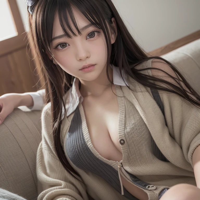 tmasterpiece,top-quality,offcial art,Highly detailed CG Unity 8K wallpapers,like a college girl,20 years girl,Very delicate beautiful,超A high resolution,(realisticlying:1.4),1 hour of writing,(The upper part of the body),(Platinum Long Hair:0.8),(Puffy eyes),looking at viewert,facing front,ssmile,Everyday clothes,(chiayi:1.5), tmasterpiece, best qualtiy, RAW photogr, realisticlying, faces, incredibly absurd res, Buatigarh, depth of fields, hight resolution, ultra - detailed, finedetail, Very detailed, extremely detailed eye and face, Sharp pupils, pupil realistic, tack sharp focus, cinmatic lighting、laying on a couch、A dark-haired、genital female genitalia