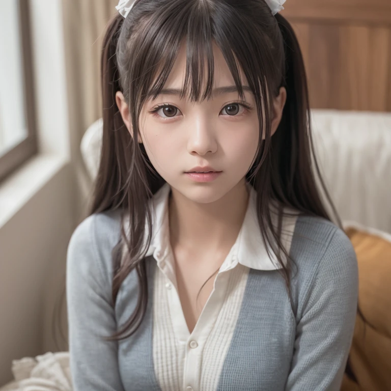 tmasterpiece,top-quality,offcial art,Highly detailed CG Unity 8K wallpapers,like a college girl,20 years girl,Very delicate beautiful,超A high resolution,(realisticlying:1.4),1 hour of writing,(The upper part of the body),(Platinum Long Hair:0.8),(Puffy eyes),looking at viewert,facing front,ssmile,Everyday clothes,(chiayi:1.5), tmasterpiece, best qualtiy, RAW photogr, realisticlying, faces, incredibly absurd res, Buatigarh, depth of fields, hight resolution, ultra - detailed, finedetail, Very detailed, extremely detailed eye and face, Sharp pupils, pupil realistic, tack sharp focus, cinmatic lighting、laying on a couch、A dark-haired、genital female genitalia