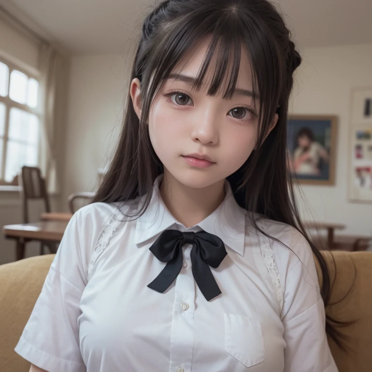 tmasterpiece,top-quality,offcial art,Highly detailed CG Unity 8K wallpapers,like a college girl,20 years girl,Very delicate beautiful,超A high resolution,(realisticlying:1.4),1 hour of writing,(The upper part of the body),(Platinum Long Hair:0.8),(Puffy eyes),looking at viewert,facing front,ssmile,Everyday clothes,(chiayi:1.5), tmasterpiece, best qualtiy, RAW photogr, realisticlying, faces, incredibly absurd res, Buatigarh, depth of fields, hight resolution, ultra - detailed, finedetail, Very detailed, extremely detailed eye and face, Sharp pupils, pupil realistic, tack sharp focus, cinmatic lighting、laying on a couch、A dark-haired、 genitals