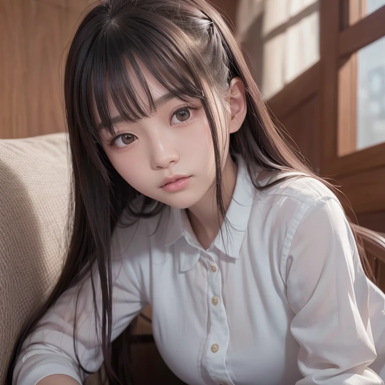 tmasterpiece，top-quality，offcial art，Highly detailed CG Unity 8K wallpapers，like a college girl，20 years girl，Very delicate beautiful，超A high resolution，（realisticlying：1.4），1 hour of writing，（The upper part of the body），（Platinum Long Hair：0.8），（Puffy eyes），looking at viewert，facing front，ssmile，Everyday clothes，（chiayi：1.5）， tmasterpiece， best qualtiy， RAW photogr， realisticlying， faces， incredibly absurd res， Buatigarh， depth of fields， hight resolution， ultra - detailed， finedetail， Very detailed， extremely detailed eye and face， Sharp pupils， pupil realistic， tack sharp focus， cinmatic lighting、laying on a couch、A dark-haired、   genitals