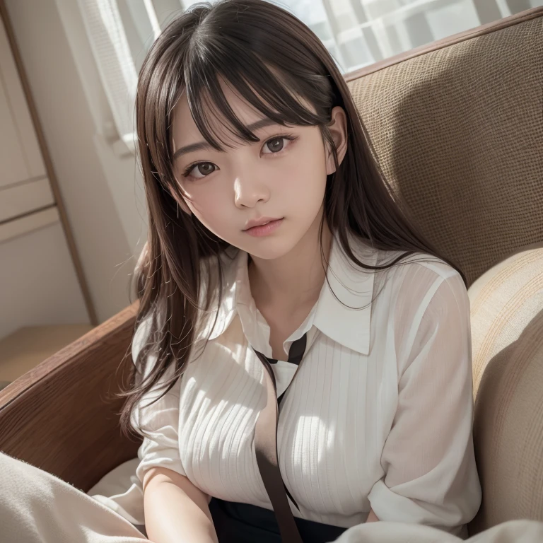 tmasterpiece,top-quality,offcial art,Highly detailed CG Unity 8K wallpapers,like a college girl,20 years girl,Very delicate beautiful,超A high resolution,(realisticlying:1.4),1 hour of writing,(The upper part of the body),(Platinum Long Hair:0.8),(Puffy eyes),looking at viewert,facing front,ssmile,Everyday clothes,(chiayi:1.5), tmasterpiece, best qualtiy, RAW photogr, realisticlying, faces, incredibly absurd res, Buatigarh, depth of fields, hight resolution, ultra - detailed, finedetail, Very detailed, extremely detailed eye and face, Sharp pupils, pupil realistic, tack sharp focus, cinmatic lighting、laying on a couch、A dark-haired、 genitals