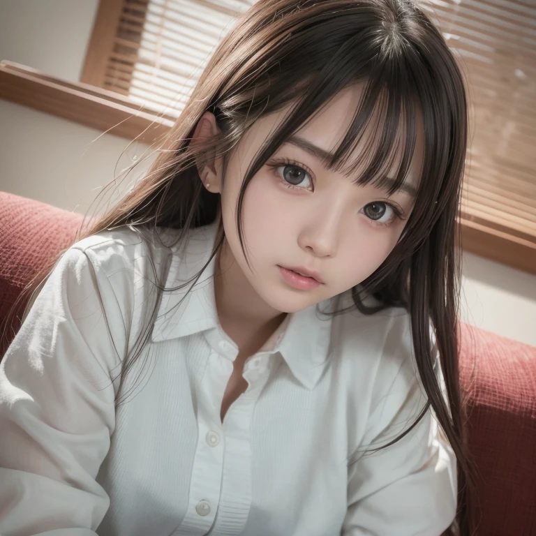 tmasterpiece,top-quality,offcial art,Highly detailed CG Unity 8K wallpapers,like a college girl,20 years girl,Very delicate beautiful,超A high resolution,(realisticlying:1.4),1 hour of writing,(The upper part of the body),(Platinum Long Hair:0.8),(Puffy eyes),looking at viewert,facing front,ssmile,Everyday clothes,(chiayi:1.5), tmasterpiece, best qualtiy, RAW photogr, realisticlying, faces, incredibly absurd res, Buatigarh, depth of fields, hight resolution, ultra - detailed, finedetail, Very detailed, extremely detailed eye and face, Sharp pupils, pupil realistic, tack sharp focus, cinmatic lighting、laying on a couch、A dark-haired、 genitals
