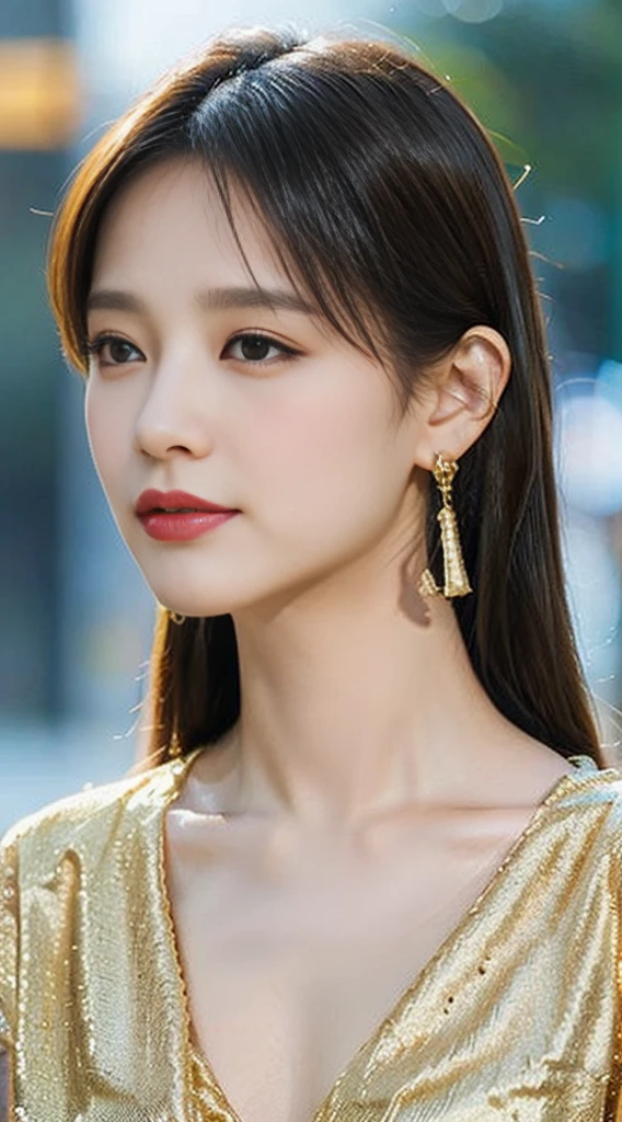 Gold tattoo of girl in the rain with gold earrings, vray tracking style, Martin Ansing, Yumei, fall, close up, deep white and gold, Quick paint, masterpiece, best quality,