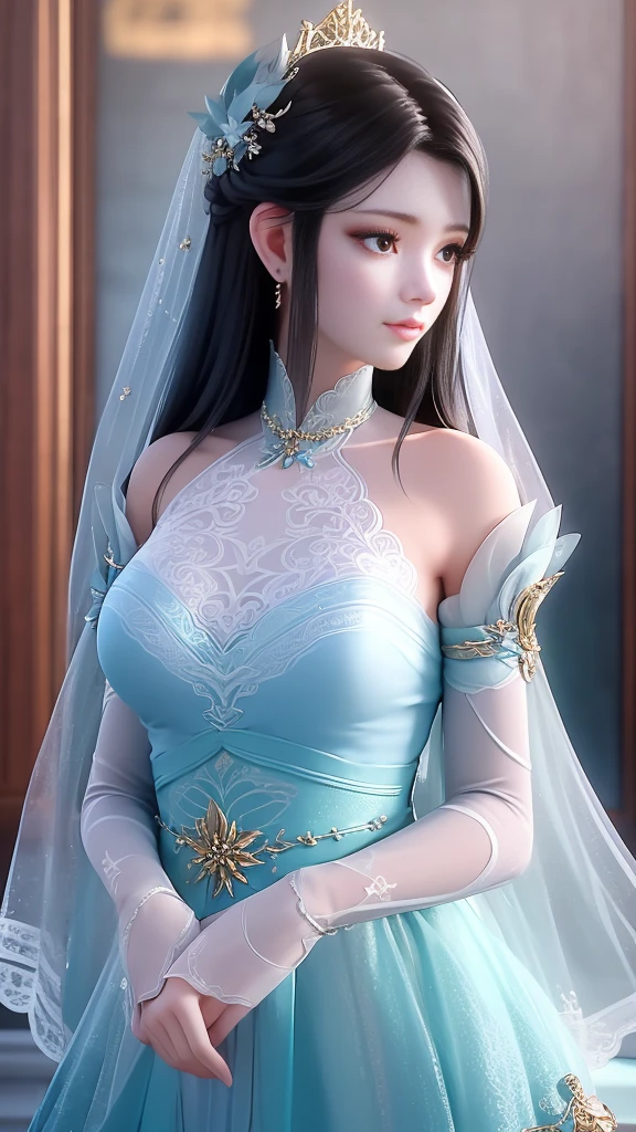 tmasterpiece,Best Picture Quality,HD 8K wallpaper,Nice photos,elegant single woman,Turquoise circle dress,shinning eyes,Every detail is perfect,A masterpiece of exquisite beauty,pure beauty and lightness,Moderate aesthetics,Gentle and elegant,The attention to detail,purer tulle,Blue and white lace round dress