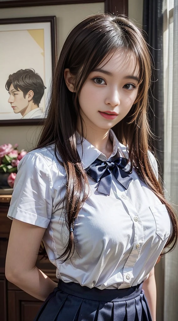(8K high image quality), (top-quality), (masutepiece:1.2), (Realistic), (Photorealistic:1.37), Goose egg face,largeeyes,long eyelasher,Exquisite(Live-action realistic style),The Ultimate Face,Photorealistic light and shadow,Clear facial features,milky skin,Fair skin, highdetailskin,Realistic skin details,Visible Pore,(Super Detail),Hair length is random, (Flowing hair),Best portraits,Shot from a short distance, 1-girl, Cute,Beautiful detailed eyes, beautiful detailed nose, highlydetailed skin,Full body ,(eyecontact),(Colossal tits、Breast Abundance)、(Beautiful face with double eyelids), (Realism: 1.4),High image quality, excellent details, Ultra-high resolution, (Show your best smile to the audience), , favor details,,delicate and beautiful face,,20yr old,arafed asian woman in a short skirt posing for a picture, girl wearing school uniform, Short sleeves, wearing in shirt, Wearing school uniform, JK Uniform, wearing japanese school uniform, Seifuku, wearing headmistress uniform, Wearing a school uniform, with two front pockets, in a white shirt, White uniform, japanese girl school uniform, a hyperrealistic schoolgirl,Plump,gain weight