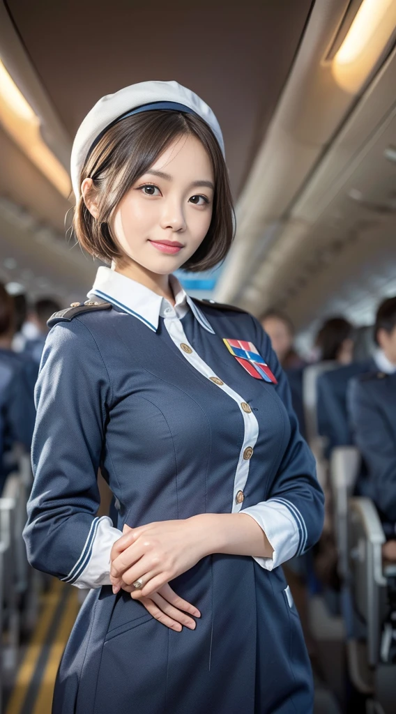 one japanese woman, Solo, 30-years old, hyperdetailed face, Detailed lips, A detailed eye, double eyelid eyes, fluffy brown eyes, (Black bob hair, Like an airplane stewardess, Do a good job), (Like an airplane stewardess:1.2), (Do a good job:1.2), (Dark blue single color stewardess uniform:1.4), (Please wear a small and cute stubborn hat:1.2), (discret smile:1.2), Perfect image realism, Background with: (Business Class aisle on airplanes:1.2), In-depth background, detailed costume, Perfect litthing, Hyper-Realism, (Photorealistic:1.4), 8K maximum resolution, (masterpiece), Highly detailed, Professional