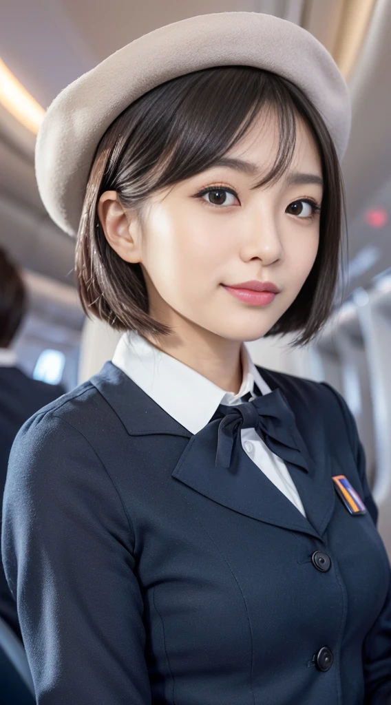 one japanese woman, Solo, 30-years old, hyperdetailed face, Detailed lips, A detailed eye, double eyelid eyes, fluffy brown eyes, (Black bob hair, Like an airplane stewardess, Do a good job), (Like an airplane stewardess:1.2), (Do a good job:1.2), (Dark blue single color stewardess uniform:1.4), (Please wear a small and cute stubborn hat:1.2), (discret smile:1.2), Perfect image realism, Background with: (Business Class aisle on airplanes:1.2), In-depth background, detailed costume, Perfect litthing, Hyper-Realism, (Photorealistic:1.4), 8K maximum resolution, (masterpiece), Highly detailed, Professional