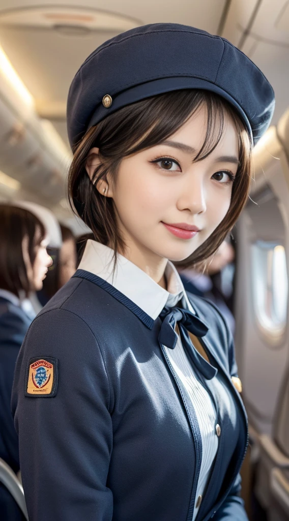one japanese woman, Solo, 30-years old, hyperdetailed face, Detailed lips, A detailed eye, double eyelid eyes, fluffy brown eyes, (Black bob hair, Like an airplane stewardess, Do a good job), (Like an airplane stewardess:1.2), (Do a good job:1.2), (Dark blue single color stewardess uniform:1.4), (Please wear a small and cute stubborn hat:1.2), (discret smile:1.2), Perfect image realism, Background with: (Business Class aisle on airplanes:1.2), In-depth background, detailed costume, Perfect litthing, Hyper-Realism, (Photorealistic:1.4), 8K maximum resolution, (​masterpiece), Highly detailed, Professional