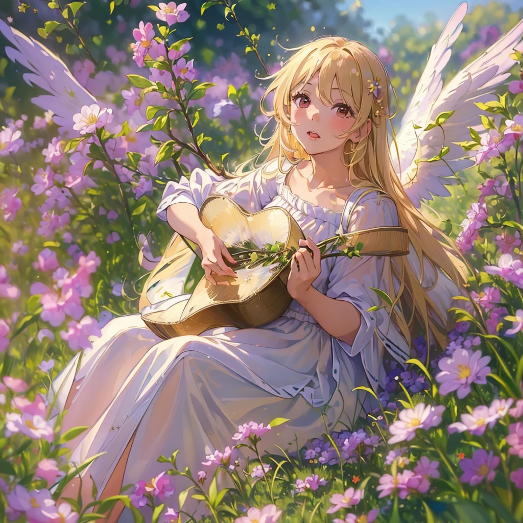((Best Quality, 8K, Masterpiece:1.3)), 1girl, lovely angel, flaxen hair, cherry-lipped beauty, sit on the flowering alfalfa, Singing With the lark, in the early morning , in the clear summer sun, (depth of field:1.3)