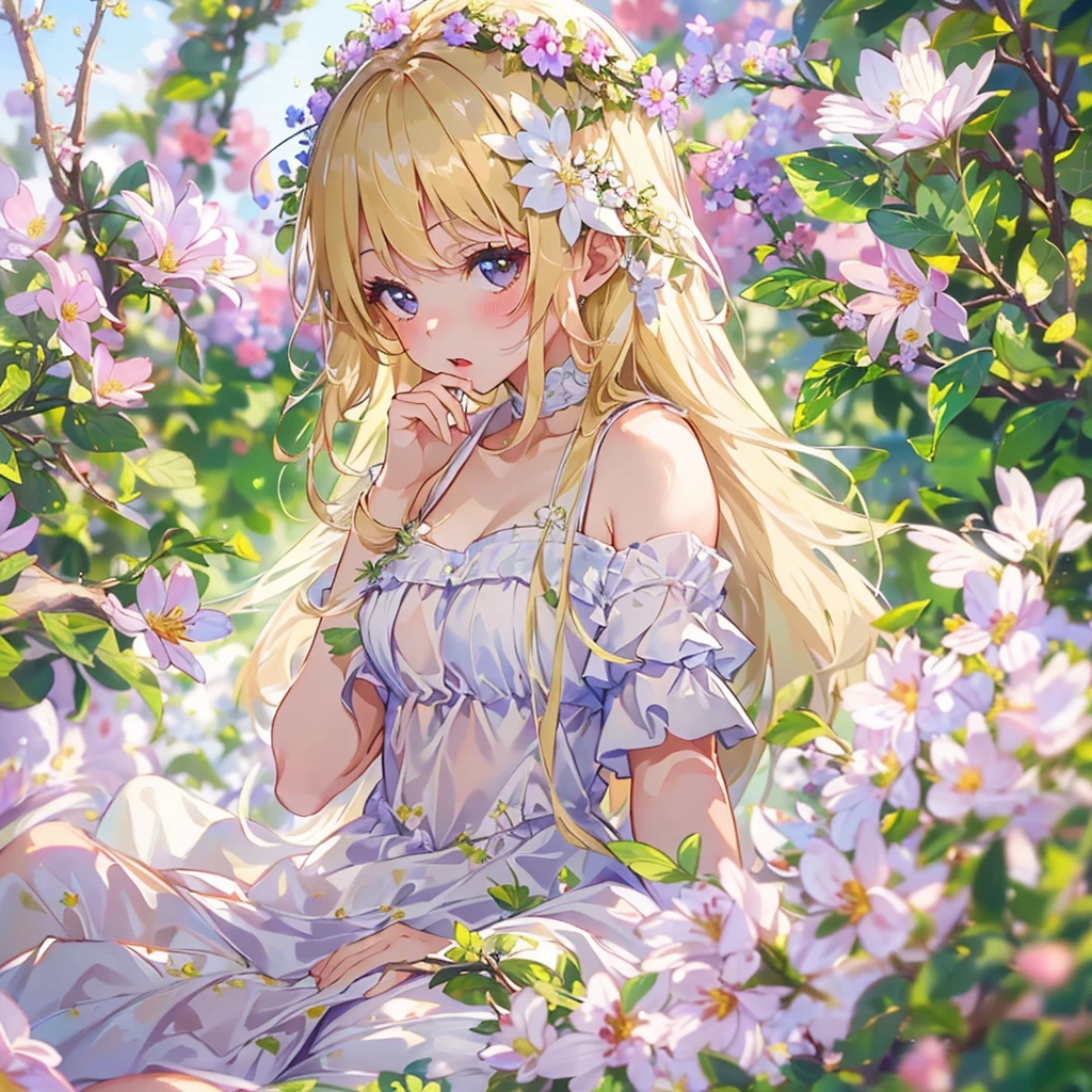 ((Best Quality, 8K, Masterpiece:1.3)), 1girl, lovely angel, flaxen hair, cherry-lipped beauty, sit on the flowering alfalfa, Singing With the lark, in the early morning , in the clear summer sun, (depth of field:1.3)